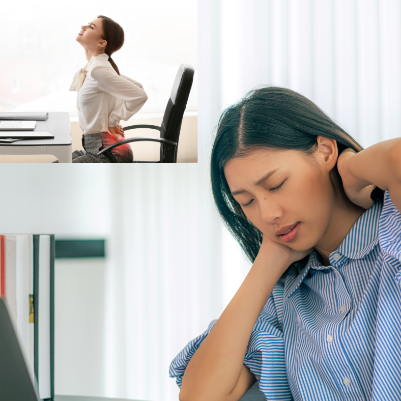 Image of a lady sitting at desk. who is a Small business owner suffering form stiffness in back and neck.